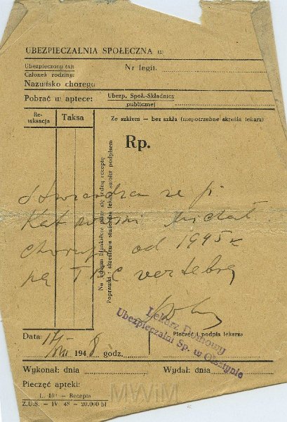 KKE 5464.jpg - Dok. Potwierdzenie przez lekarza Ubezpieczalni Społecznej dotyczące choroby, na jaką cierpi (od 1945 r.) pan Michał Katkowski, Olsztyn, 17 VIII 1948 r.